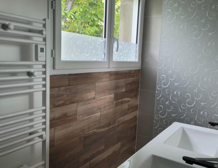 une salle d'eau avec douche et un lavabo double vasque